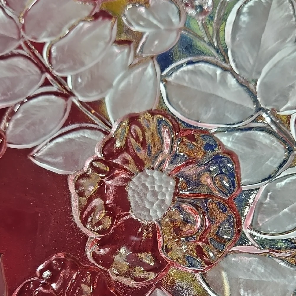 VTG Walther Glas Rosella Pink Frosted Floral Glass Platter NWT Germany